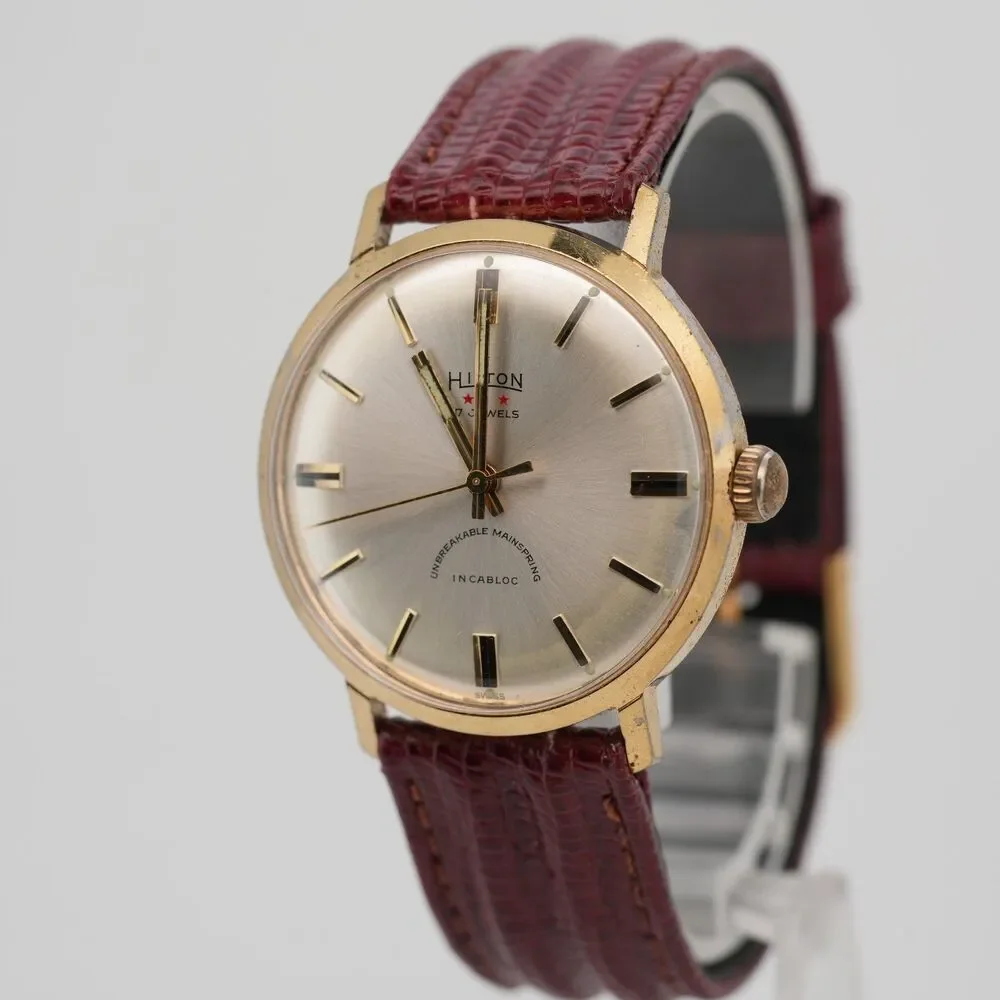 Vintage Hilton 17 Jewels Manual Wind Watch 33mm New Crystal NOS Strap Runs Well